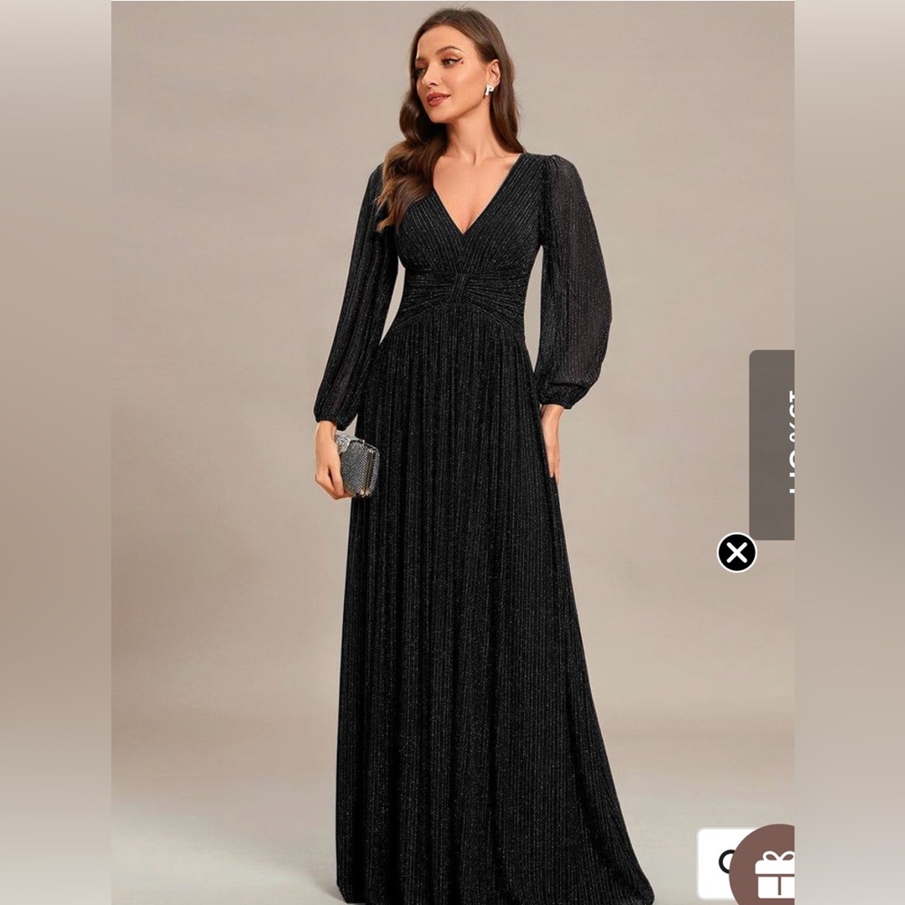 Black Glittery Empire Waist Long Lantern Sleeves A-Line Evening Dress